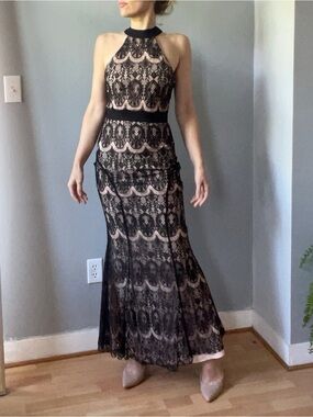 Sleeveless halterneck Black Lace mermaid Maxi Dress with Nude Underlay